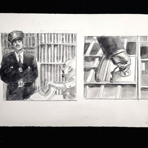 Due celle da una graphic novel, A Prisoner e Guard Locking a Cell, pastello 15x22 pollici di Kenney Mencher (fornito con una graphic novel)