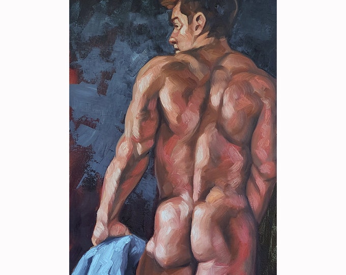 Poster Print On His Way to Shower, by Kenney Mencher (A painting of a nude muscular male figure from behind)
