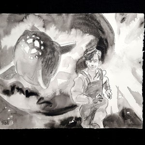 A Cell from a Graphic Novel, A Rocket Ship, and a Boy in Jumping, acquerello 18x14 pollici di Kenney Mencher (con una copia della graphic novel)