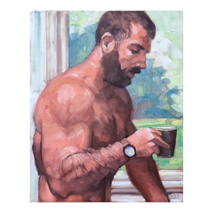 May include: An oil painting of a man with a beard, holding a dark mug. The artwork features a warm color palette with shades of brown and pink. The man is wearing a watch. The background shows a window with green and blue hues.