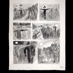 Una pagina di una graphic novel raffigurante un uomo in giacca e cravatta che guarda uno spaventapasseri, 16x20 pollici, acquerello (fornito con una graphic novel)