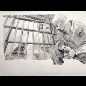 A Convict Behind Bars, pastello 15x22 pollici e mezzo su carta Rives BFK di Kenney Mencher (fornito con una graphic novel)