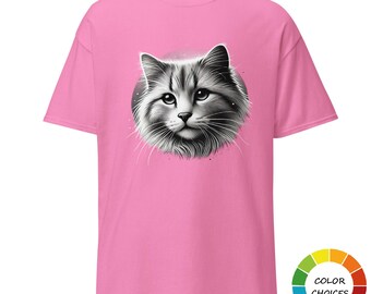 Unisex T-shirt, digital art illustration, isolated cat portrait, vector logo, multiple colors