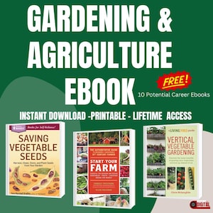 Könnte beinhalten: Drei Ebook-Cover für Gartenarbeit und Landwirtschaft. Das erste Cover ist grün und zeigt ein Buch mit dem Titel "Saving Vegetable Seeds". Das zweite Cover ist rot und zeigt ein Buch mit dem Titel "Start Your Farm". Das dritte Cover ist grün und zeigt ein Buch mit dem Titel "Vertical Vegetable Gardening".