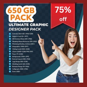 Może przedstawiać: Reklama pakietu graficznego z kobietą wskazującą na tekst. Tekst zawiera "650 GB PACK" i "ULTIMATE GRAPHIC DESIGNER PACK" z banerem 75% zniżki. Pakiet zawiera zasoby projektowe.