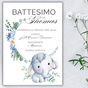 Invito digitale battesimo bimbo elefante con fiori azzurri modificabile su canva stampabile e whatsapp