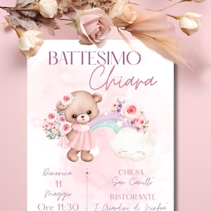 invito Battesimo orsetto rosa digitale stampabile modificabile con Canva