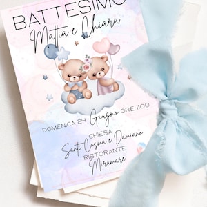 Invito battesimo bimbo - Orsetti su nuvola rosa e celeste - Digitale e stampabile - Modificabile su Canva
