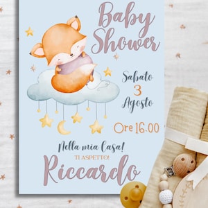 Invito baby shower invito digitale - Tema volpe su nuvola- fie PDF, personalizzabile e stampabile con Canva