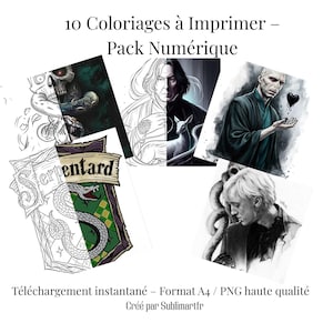 Peut inclure: Téléchargement numérique de 10 pages de coloriage imprimables. Les images comprennent des illustrations de personnages et de symboles. Le texte indique "10 Coloriages à Imprimer - Pack Numérique" et "Téléchargement instantané - Format A4 / PNG haute qualité".