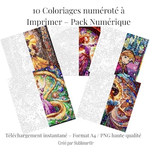 May include: Digital download of 10 numbered coloring pages. The images feature stained-glass style illustrations of various characters. The text on the image reads "10 Numbered Coloring Pages to Print - Digital Pack". The download is in A4 format and high-quality PNG.