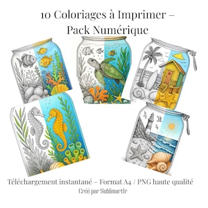 Puede incluir: Descarga digital de 10 páginas para colorear imprimibles. Cada página presenta un tarro con una escena oceánica, que incluye peces, una tortuga marina, una escena de playa con una cabaña, caballitos de mar y un faro. Texto: "10 Coloriages à Imprimer - Pack Numérique".