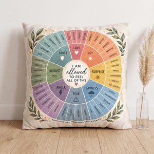 May include: A square throw pillow featuring a colorful emotion wheel graphic with the text "I AM allowed TO FEEL ALL OF THIS" in the center and "EMOTIONS ARE MESSENGERS, NOT ENEMIES" at the bottom, accented by green leaf illustrations on the corners.