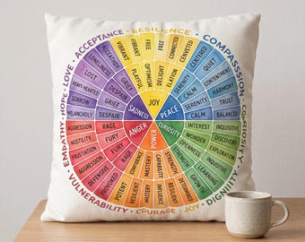May include: A square white throw pillow featuring a colorful circular emotion wheel graphic. The design displays various feelings categorized by color, with words like Joy, Peace, Anger, and Power radiating from the center. The outer ring lists concepts.