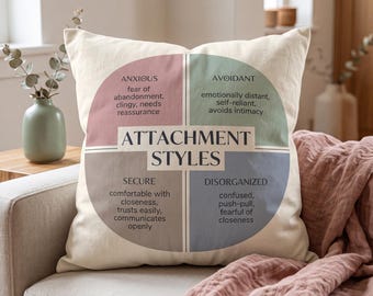 May include: A cream-colored square throw pillow featuring a central graphic divided into four quadrants labeled Attachment Styles. The sections are pink, green, gray, and blue, each containing text describing anxious, avoidant, secure, and disorganized styles.