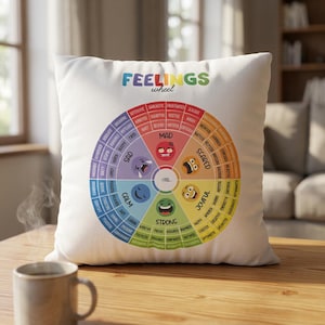 Feelings Wheel pillow cover with colorful emotion chart and an 'I feel' center wheel, styled on a gray bed against a wood slat headboard, with a green plant and checkered throw blanket, kids emotional learning decor.
