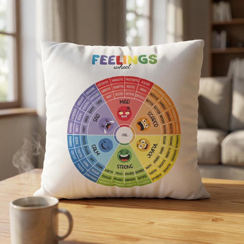 Feelings Wheel pillow cover with colorful emotion chart and an 'I feel' center wheel, styled on a gray bed against a wood slat headboard, with a green plant and checkered throw blanket, kids emotional learning decor.