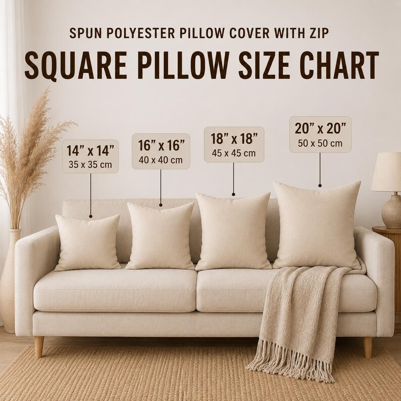 May include: A spun polyester pillow cover size chart displaying four square pillows on a sofa. The chart lists sizes in inches and centimeters: 14x14 inches (35x35 cm), 16x16 inches (40x40 cm), 18x18 inches (45x45 cm), and 20x20 inches (50x50 cm).