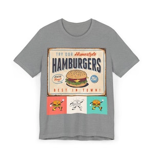 Camiseta retrô Hamburgers com estampa vintage de lanchonete | Camiseta divertida unissex com estampa de hambúrguer | Camiseta retrô gourmet exclusiva | Blusa casual de algodão para presente