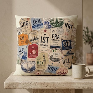 Op de afbeelding: Een vierkant sierkussen met een collage van vintage-stijl reislabels en poststempels van wereldsteden zoals Parijs, New York, Istanbul, Frankfurt, Tokio, Sydney, Rome, Caïro, Londen, Mexico-Stad, Delhi en Buenos Aires.