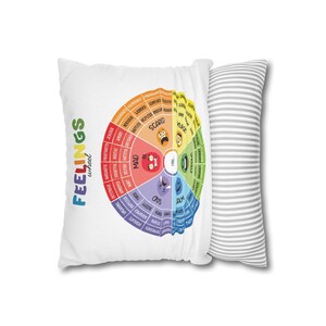 Two Feelings Wheel pillow covers with colorful emotion charts displayed side by side on a gray sofa, plaid blanket nearby, SEL classroom and calm down corner decor for kids.