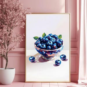 Stampa artistica di mirtilli da discoteca, stampa murale di frutta colorata, mirtilli glamour con palla da discoteca, stampa artistica di cibo retrò, arredamento moderno per la cucina, poster di frutta