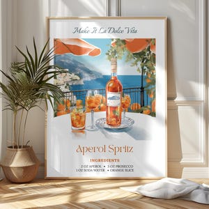 Impression d'art Aperol Spritz, décoration murale cocktail d'été La Dolce Vita, vue sur un restaurant italien de la côte amalfitaine, cocktail déco chariot de bar