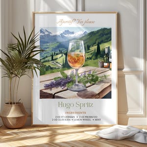 Art mural imprimable Hugo Spritz - Décoration murale cocktail avec vue sur les montagnes des Alpes | Décoration cocktail d'été | Décoration murale pour la cuisine et le bar