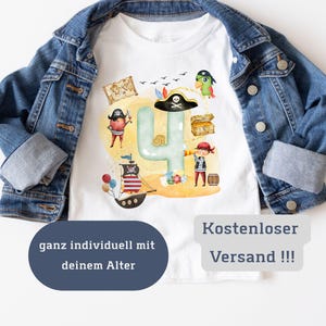 T-shirt d'anniversaire personnalisé pour enfant, fille ou garçon, avec prénom, bateau pirate, perroquet, carte au trésor, doré