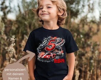 Camiseta personalizada de coche de carreras para niño de 5º cumpleaños con nombre y edad; Camiseta de coche para niño de 4º cumpleaños (de 1 a 9 años)