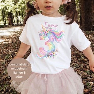 Einhorn Geburtstagsshirt Mädchen personalisiert mit Name & Alter – Kinder Unicorn Shirt Geburtstag – 3. Geburtstag 1 2 3 4 5 6 7 8 9 Jahre