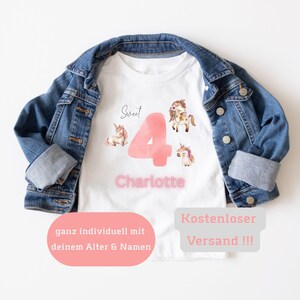 Personalisiertes Mädchen Geburtstagsshirt Geburtstagskind Mädchen Junge Baby T-Shirt Alter Namen Einhorn Regenbogen  Rosa Lila Wolken