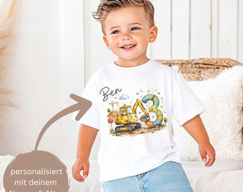 Camiseta personalizada de 3.er cumpleaños para niño - Tema de obra con nombre y edad - Camiseta de excavadora, algodón, edades 1, 2, 3, 4, 5, 6, 7, 8 y 9