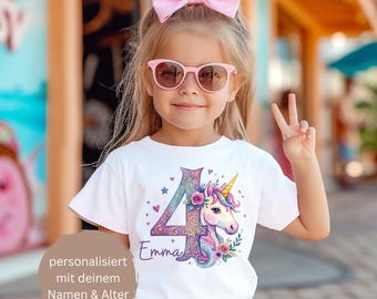 Einhorn Geburtstagsshirt Mädchen personalisiert mit Name & Alter – Kinder Unicorn Shirt Geburtstag – 3. Geburtstag 1 2 3 4 5 6 7 8 9 Jahre