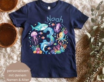 Maglietta di compleanno personalizzata con animali marini per bambini con nome ed età – Maglietta con balena e oceano per il 3° compleanno 1 2 3 4 5 6 7 8 9 anni – Compleanno bambino