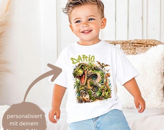 Maglietta personalizzata per il terzo compleanno di un bambino con dinosauri, con età, nome e disegno di un T-Rex - 1 2 3 4 5 6 7 8 9 - Maglietta di compleanno per bambini con dinosauri