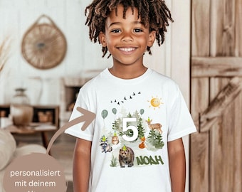 Personalized children's birthday shirt with your age & name - birthday gift idea, woodland animals, bear, deer, fox, birthday outfit