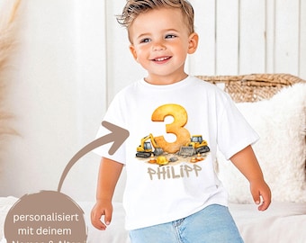 Geburtstagsshirt Junge 3. Geburtstag Baustelle personalisiert mit Namen & Alter – Bagger Shirt Baumwolle 1 2 3 4 5 6 7 8 9 Jahre