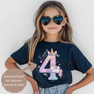 Einhorn Mädchen Geburtstagsshirt 4. Geburtstag Name  Alter – Personalisiert mit Name & Zahl – Kinder Unicorn Geburtstag T-Shirt 1-9 Jahre