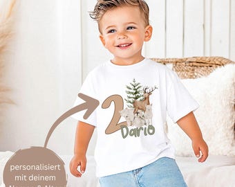 Personalized children's birthday shirt with your age & name - birthday gift idea, woodland animals, bear, deer, penguin, birthday outfit