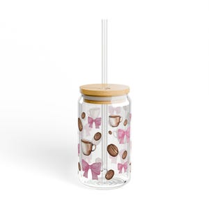 Pink Bow & Coffee Glass Cup with Lid and Straw - Cute Iced Coffee Tumbler for Moms, Aesthetic Girly Gift Sipper Glass, 16oz