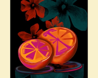 Bold Citrus Fruit Wall Art – Neon Orange Digital Print with Floral Background, Modern Pop Art Kitchen Decor, Instant Download