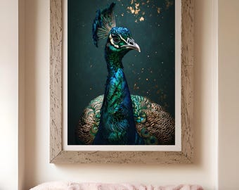 Elegant Peacock Fine Art Poster, Wall Decor, Nature Art Print, Home Aesthetic, Animal Lover Gift