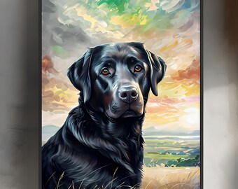 Könnte beinhalten: Gerahmter Kunstdruck mit einem schwarzen Labrador Retriever. Der Hund steht vor einem Sonnenuntergang mit bunten Wolken. Das Kunstwerk fängt den aufmerksamen Blick des Hundes ein. Landschaft mit Feldern.