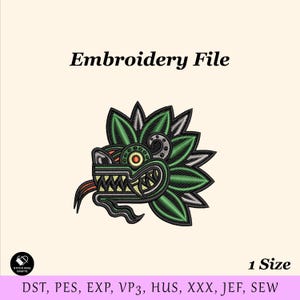 Puede incluir: Un archivo de bordado que presenta una criatura estilizada verde y negra con forma de serpiente, con dientes afilados y una lengua roja. El texto "Embroidery File" está encima del diseño. El archivo está disponible en una talla.
