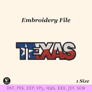 May include: An embroidery file with the word "TEXAS" in a bold, stylized design. The letters are filled with the colours of the Texas flag: blue, white, and red. The text "Embroidery File" is above the word.
