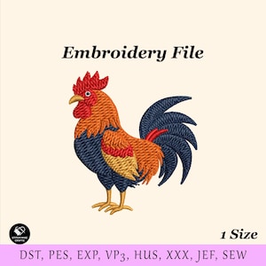May include: An embroidery file featuring a colorful rooster design. The rooster has a red comb, orange and yellow feathers, and a navy blue tail. The text "Embroidery File" is at the top. The file is available in 1 size.
