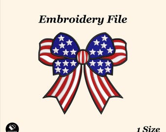 May include: An embroidery file featuring a patriotic bow design. The bow is colored in red, white, and blue, with stars on the blue sections and stripes on the red sections. The text "Embroidery File" is above the bow, and "1 Size" is below.