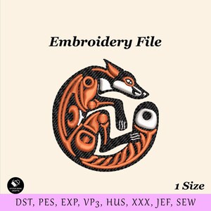 May include: An embroidery file with a circular design of a fox in orange, black, and white. The fox is stylized with detailed patterns. The text "Embroidery File" is at the top. Available in 1 size.