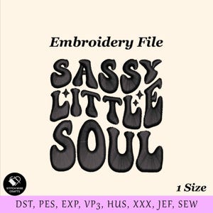 May include: Black embroidered text on a cream background reads "SASSY LITTLE SOUL" in a retro font. The words are in a block style with a textured appearance. The image is labeled "Embroidery File" and includes file type information.